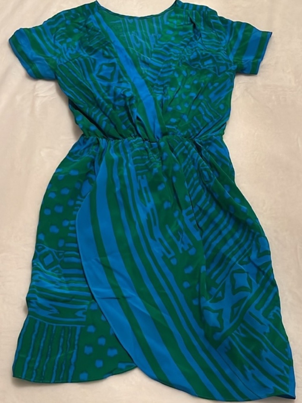 Amanda Uprichard Silk Blue and Green Abstract Wrap Dress Petite